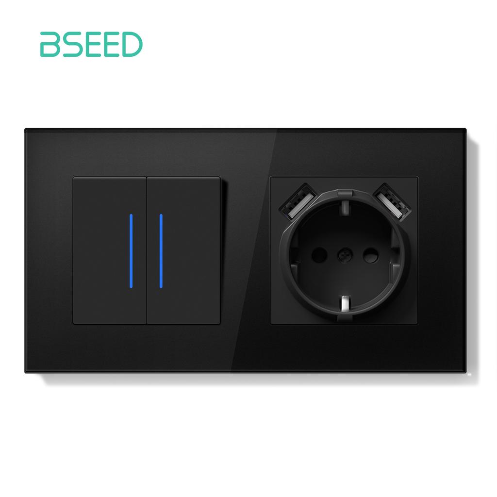 BSEED 1/2Gang Wall Light Switch Mechanical Double Button Switch 1Way With LED EU Sockets USB 20W Type-c Power Ports Glass Panels