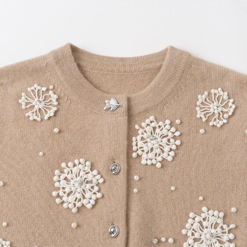 2025 Women's Cashmere Openwork Flower Cardigan - Solid Color, Round Neck, Long Sleeve, Warm Sweater