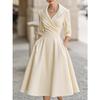 Women's Collared V Neck Long Sleeve Midi Dress Slim Fit Elegant Pleated A Line Formal Swing Dress