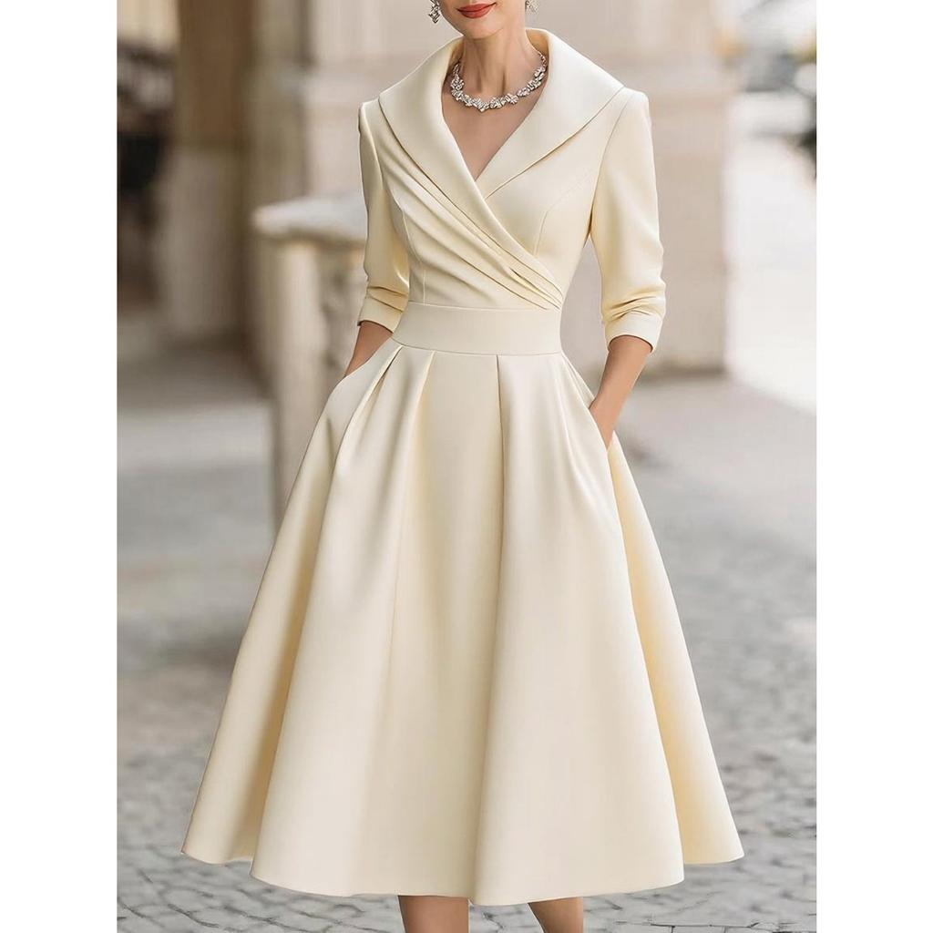 Women's Collared V Neck Long Sleeve Midi Dress Slim Fit Elegant Pleated A Line Formal Swing Dress