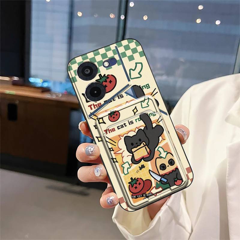 Silicone Back Cover Phone Case For Tecno Pova5 Pro/LH8N Card Slot Dirt-resistant Cartoon TPU Waterproof Card Bag Durable