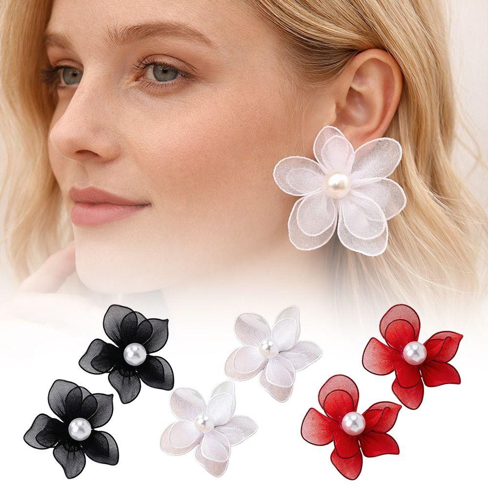 Mesh Petal Stud Earrings Fabric Mesh Stud Earrings Gifts Pearl Geometric Earring