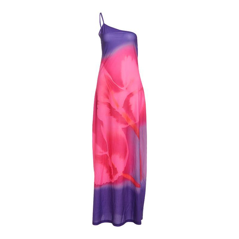 

# Sisjuly# Stroll Sunset Flower Blooming Beaded Design Sexy Oblique Collar Large Backless Sling Dress Blue L