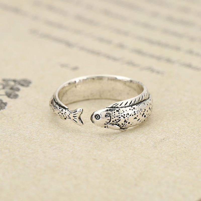 Niche Simple Fish Shaped Ring Distressed Gold Vintage Adjustable Ring Silver Alloy Retro Open Ring Unisex