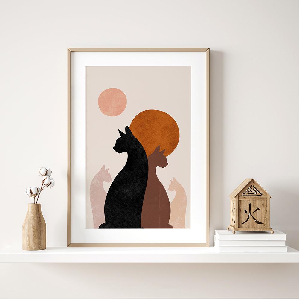 Abstract Boho Sun Bowls Black Cats Print Wall Art Nursery Decor Minimalist Neutral Cat Canvas Painting Modern Room Decor Poster