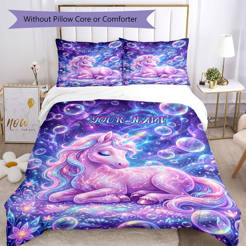 3PC Custom Name Unicorn Dreams Space Bedding Set Duvet Cover Closure Includes 1 Duvet Cover & 2 Pillowcases for Bedroom