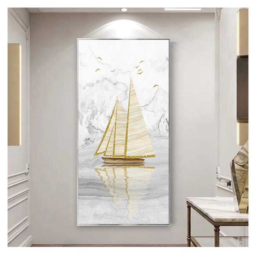 Painting Minimalist Landscape Poster Print Nordic Wall Art Picture Entrance Decoration Abstract Golden Sailing Boat Canvas