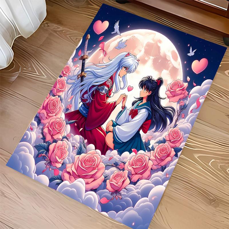 1pc Inuyasha & Kagome Print Area Rug - Soft,Washable Non-Slip Indoor Mat for Office Chairs,Living Room,Home Office Decorative Rug