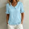 Women Casual Short Sleeve Button Front Shirt Linen Cotton Blend Top with Ruffle Hem and Collar Relaxed Fit Blouse for Daily Wear