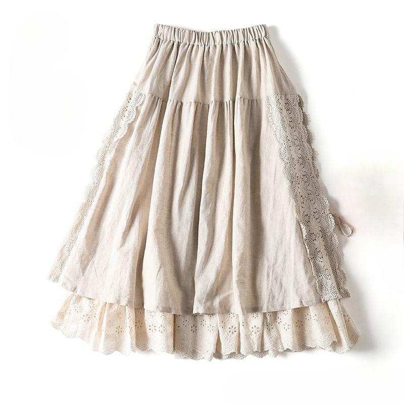 Damen Stickerei Elastischer Bund Midi Rock mit Seitenband Patchwork Frühling und Sommer Freizeitrock