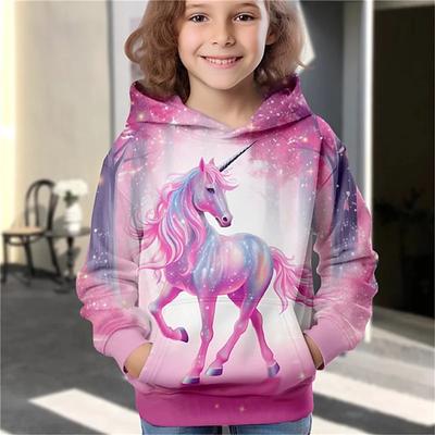 Mädchen 3D Einhorn Bedruckter Kapuzenpullover Langarm Frühling Herbst Mode Niedlich Kinder Outdoor Casual Kapuzenpullover