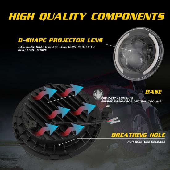 200W 7 Inches LED Headlights Halo Angle Eye Hi/Lo Beam DRL for Jeep Wrangler