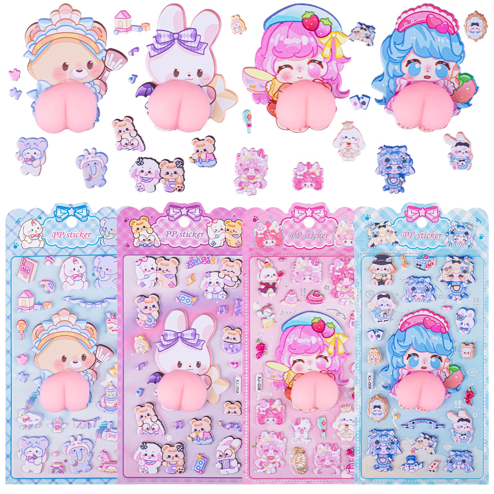 

4 Sheets of Squishy Butt Stickers Cute 3D Character Animal Stickers Marshmallow Soft and Stickable Stickers for DIY Mobile Kids and Adults - -