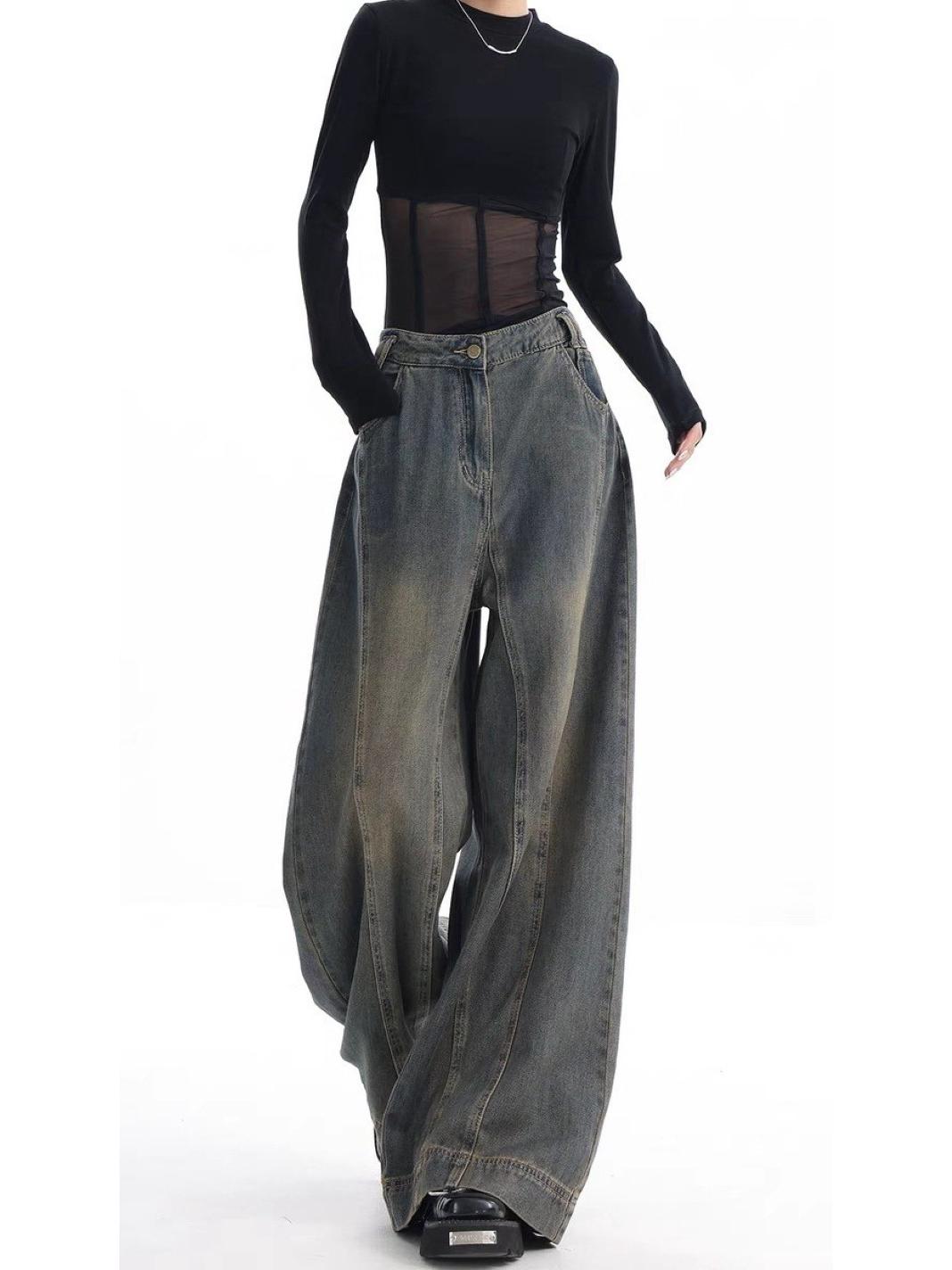 

Женские джинсы ретро с высокой талией и широкими штанинами от Ken Studio - Выбеленные, длиной до пола (Коллекция Ранней Осени) Extra Large