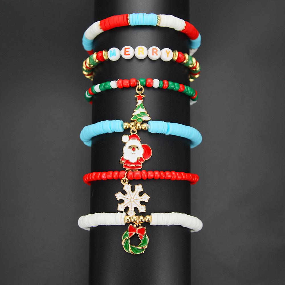 Cross-border 6-Piece Christmas Gift Set: Red & Green Polymer Clay Letter Beaded Elastic Bracelets