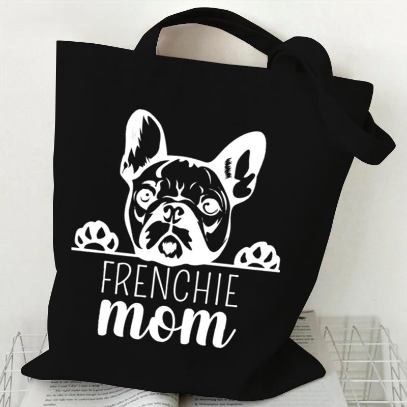 French Bulldog Heart Print Women's Handbags Animals Lover Design Canvas Shopping Bag Women French Bulldog Reusable Shoulder Bag
