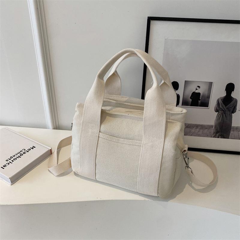Casual Solid Color Canvas Bag Women's New Large-capacity Multi-layer Handbag Simple Tote Bag Shoulder Messenger Bag