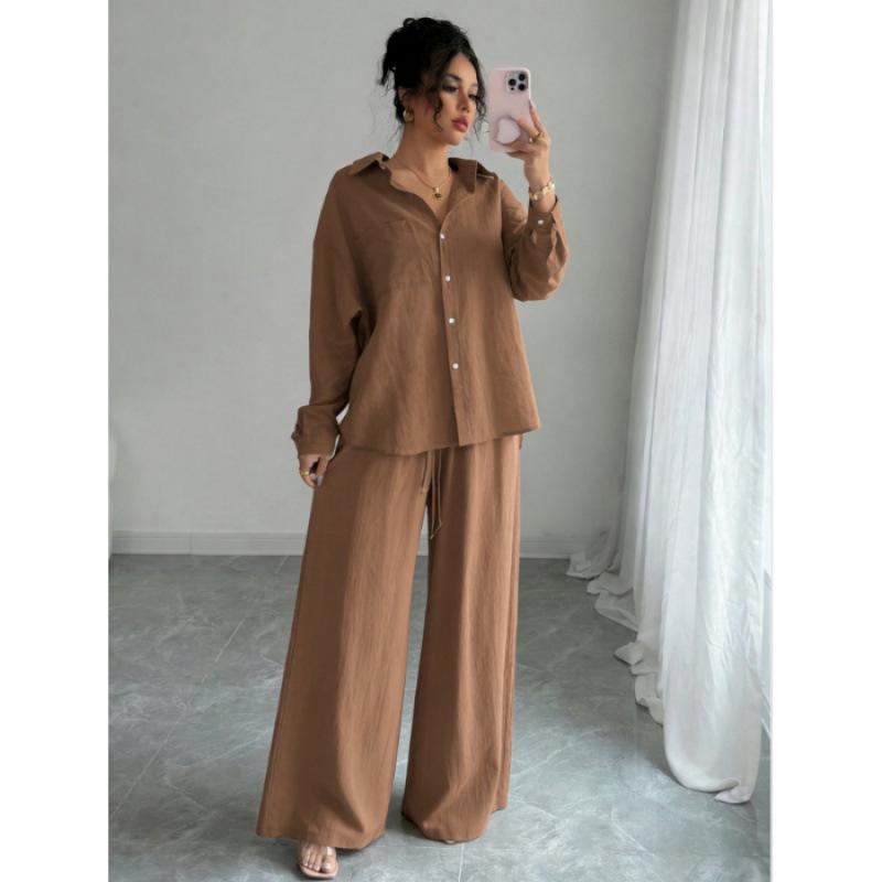 Spring Fashion Plus-Size Women's Two-Piece Set: Linen-Style Shirt & High-Waisted Loose Pants