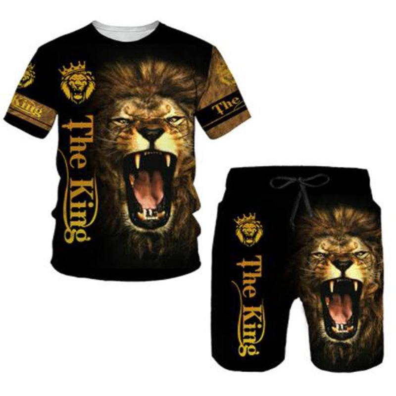 Summer Lion Animal Pattern Printed Men's Casual Comfortable Loose Short Sleeved Two-piece Sport Wear