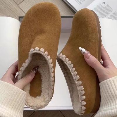 Fleece Cotton Slippers for Women To Wear 2024 Autumn and Winter New Retro Casual Soft Bottom Pregnant Women Bag Head One-word Slippers