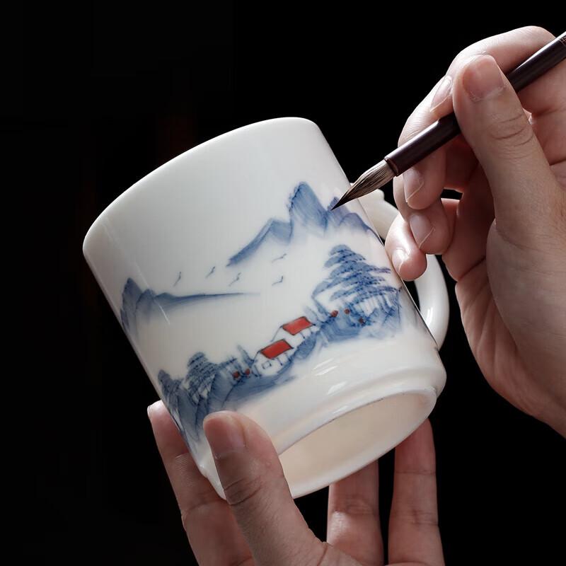 Sushi Hand-painted Mutton Fat Jade Ceramic Mug with Lid