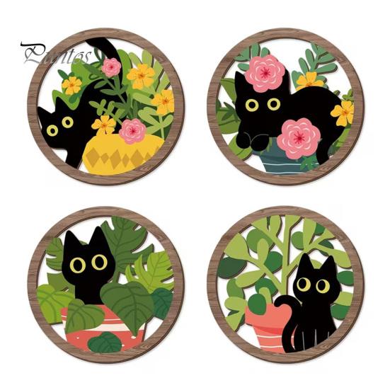 Regalos para Amantes de los Gatos 4 Piezas Arte de Pared Boho Negro, Cartel de Madera Colgante Floral de Granja, Arte Inspirado en la Naturaleza Botánica Decoración de Gatito, Cartel de Madera de Hojas
