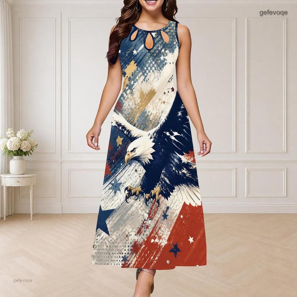 Women Plus Size Sleeveless Long Dress Round Neck Triple Keyhole Cutout Eagle Flag Print Red Blue White