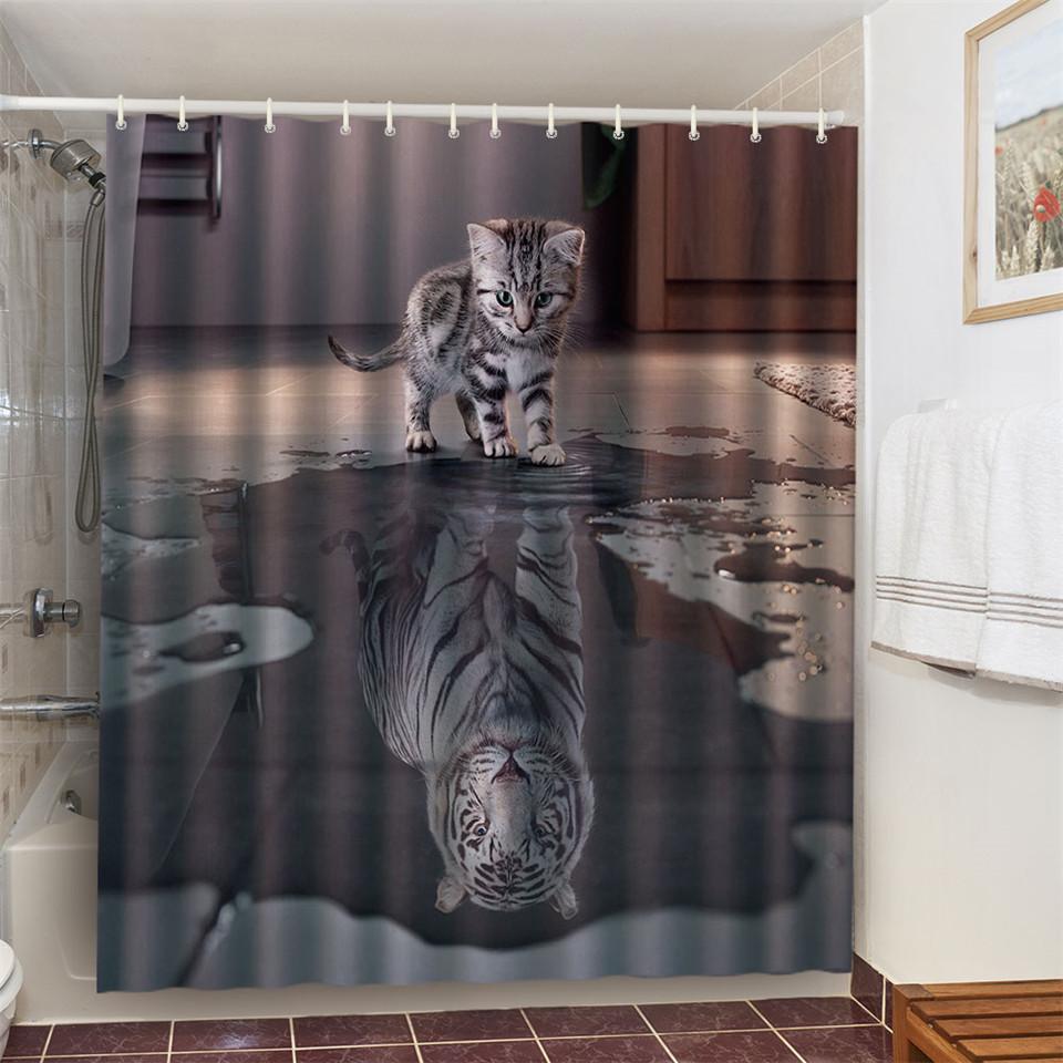 Cat Brushing Teeth Shower Curtain Bathroom Product Waterproof Durable Polyester Fabric Room Decoration cortinas With 12pcs Hooks