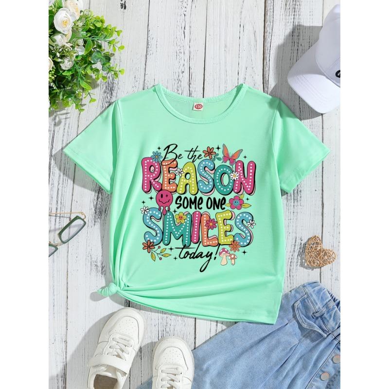 Cute And Easy Cartoon Letter Print Short-Sleeve T-Shirt for Girls, Perfect for Summer Wear, Knit