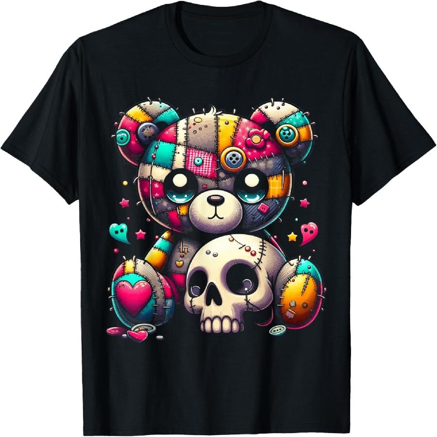 Кавайная пастельно-готическая футболка с мишкой - Милая жуткая футболка с аниме-черепом S