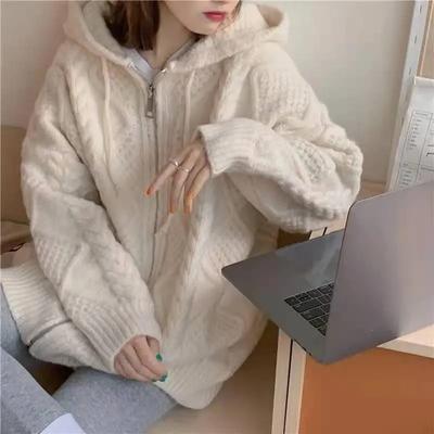 Koreaanse Gebreide Vest met Capuchon Dames Mode Winter Casual Losse Rits Dikke Trui Alles Combineert Vrouwelijke Streetwear Jassen