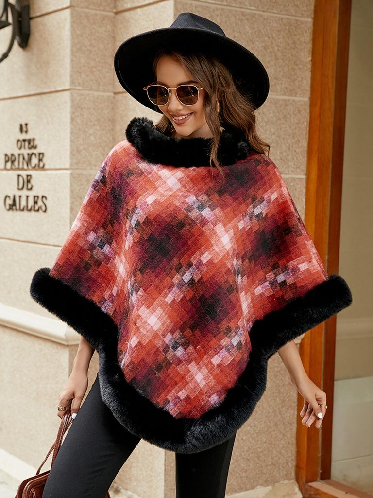 Autumn and Winter Women's Sweater Round Neck Pullover Cloak Women's Plaid Thickened Warm Women's Shawl Top