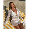 Sexy Swing Collar Sequin Long Sleeve Mesh Dress 3 Piece Bikini Set Swimwear Women White Push Up Bra Thong Swimsuit Bathing Suits