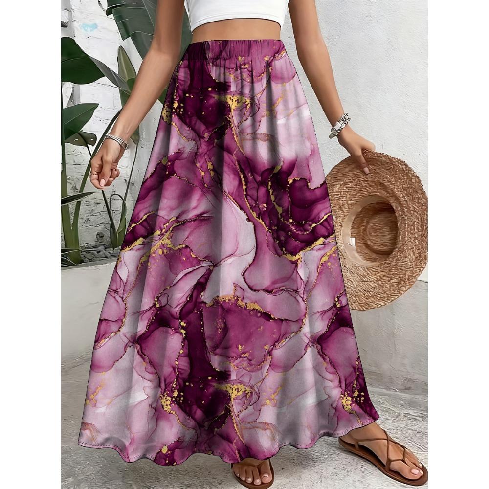 Plus Size, Elegant Floral Print Polyester Skirt - Casual A-Line, Non-Stretch Fabric, with Elastic Waistband