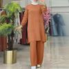 H712# Damen Einfarbig Zweiteilige Sportbekleidung: Elegantes Set aus Langarmhemd und weiten Hosen