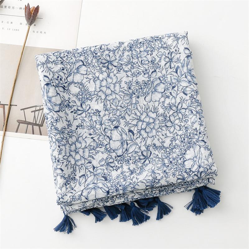 Luxury Women Viscose Scarf Four Seasons Available Designer Shawl Cotton Linen Feeling Tassel Pashmina Muslim Hijab Wrap Floral