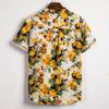 Camicia Casual Estiva da Spiaggia da Uomo con Stampa Foglie Tropicali, Collo Henley, Manica Corta