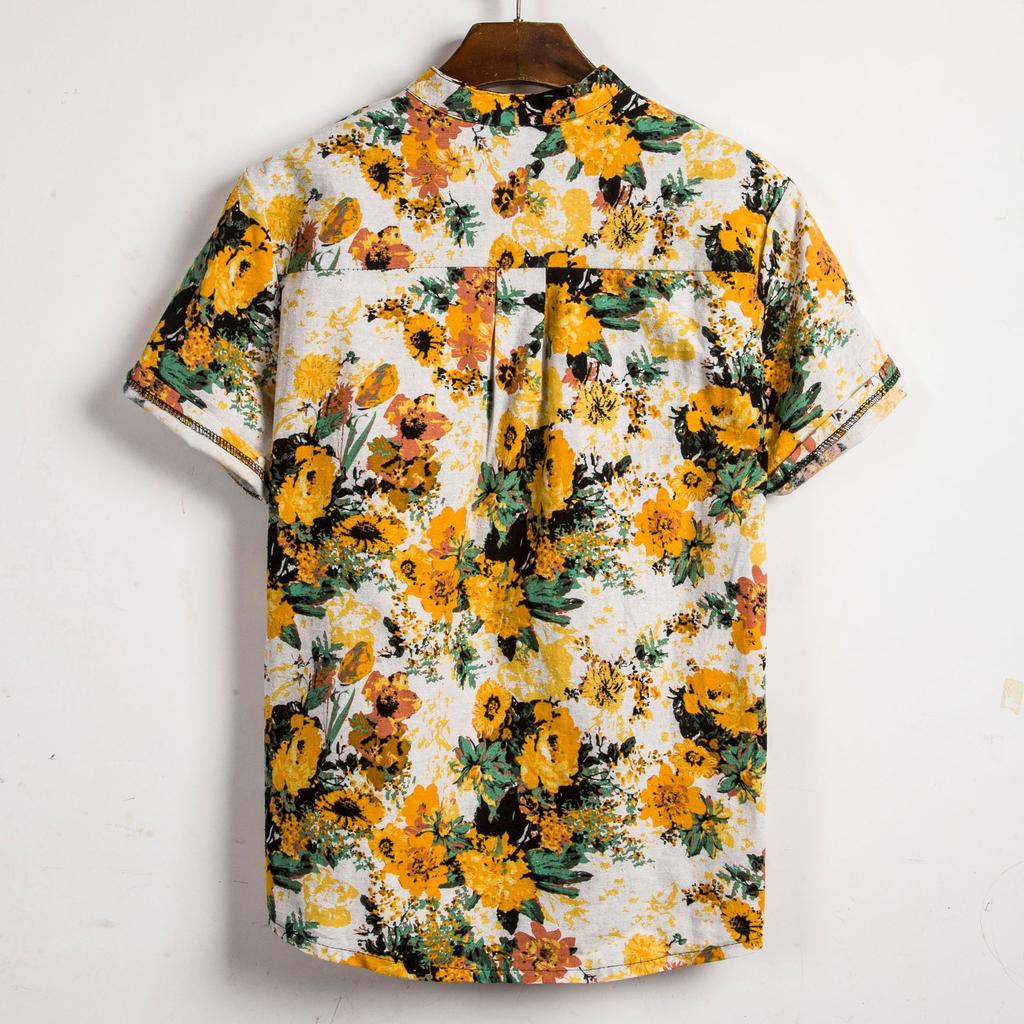 Camicia Casual Estiva da Spiaggia da Uomo con Stampa Foglie Tropicali, Collo Henley, Manica Corta