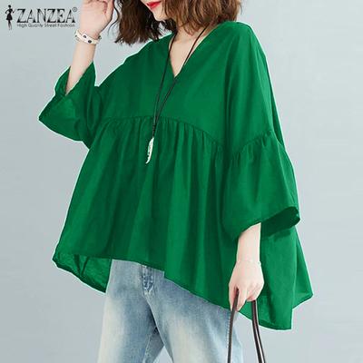 Women's Summer Casual V-Neck 3/4 Bell Sleeves Pleated Solid Color Loose A-Line Blouse