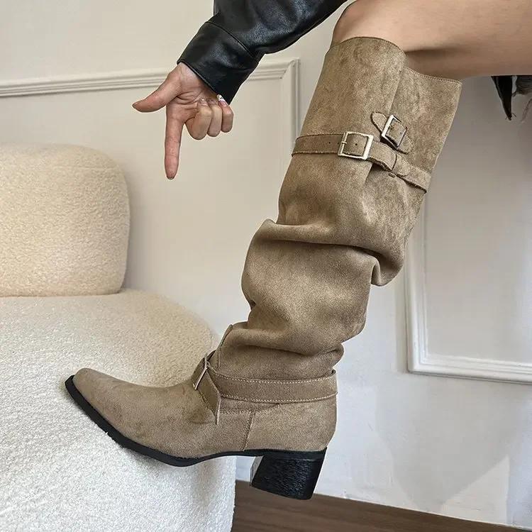 Modne damskie kozaki do kolan ze szpiczastym noskiem, w stylu retro, na grubym obcasie, wyszczuplające, z szeroką cholewką, jesienno-zimowe, nowy styl, materiał poliuretanowy