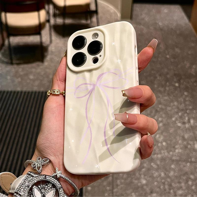 Ins Fan with Bow, Suitable for Apple iPhone16/17Pro Mobile Phone Case 15 Matte 14/13 Fold Pattern