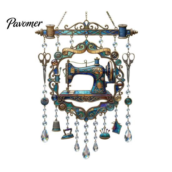 Indoor And Outdoor Hanging Ornament Vintage Sewing Machine Crystal Wind Chime, Acrylic Suncatcher, Pastoral Style Home Decor Colorful Pendants