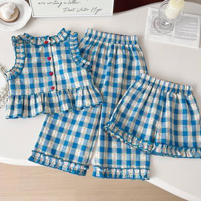 Summer Girls' Clothing Sets Thin Sleeveless Blue Plaid Floral Print Sleeveless Top + Wide Leg Pants + Shorts 3 Pcs Sets Kids Clothes for Girls