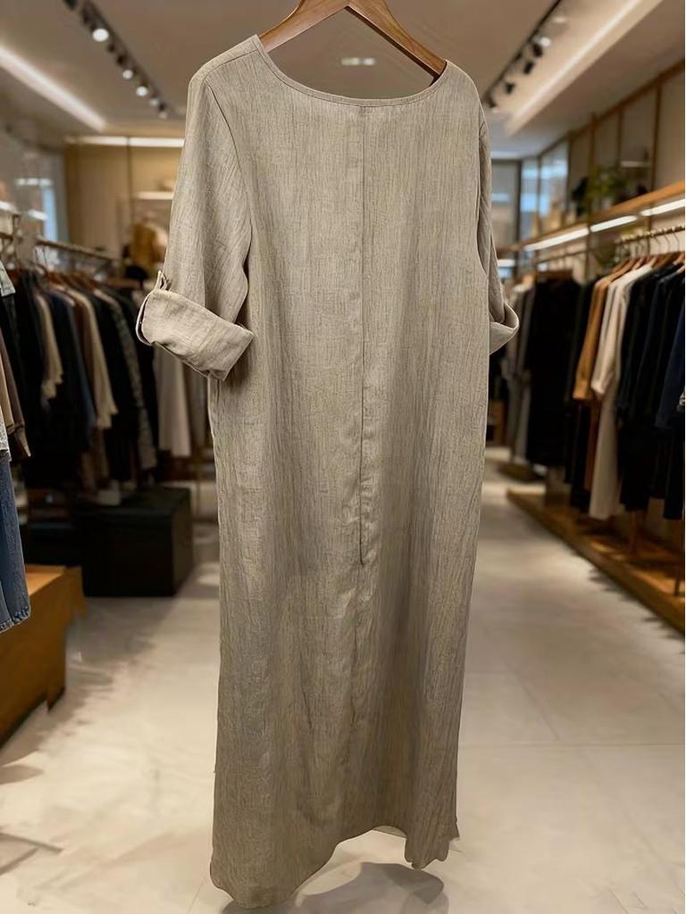 Women's Linen Irregular Long Top - Round Neck, Loose Fit, High-Low Hem, Versatile Fashion Shirt