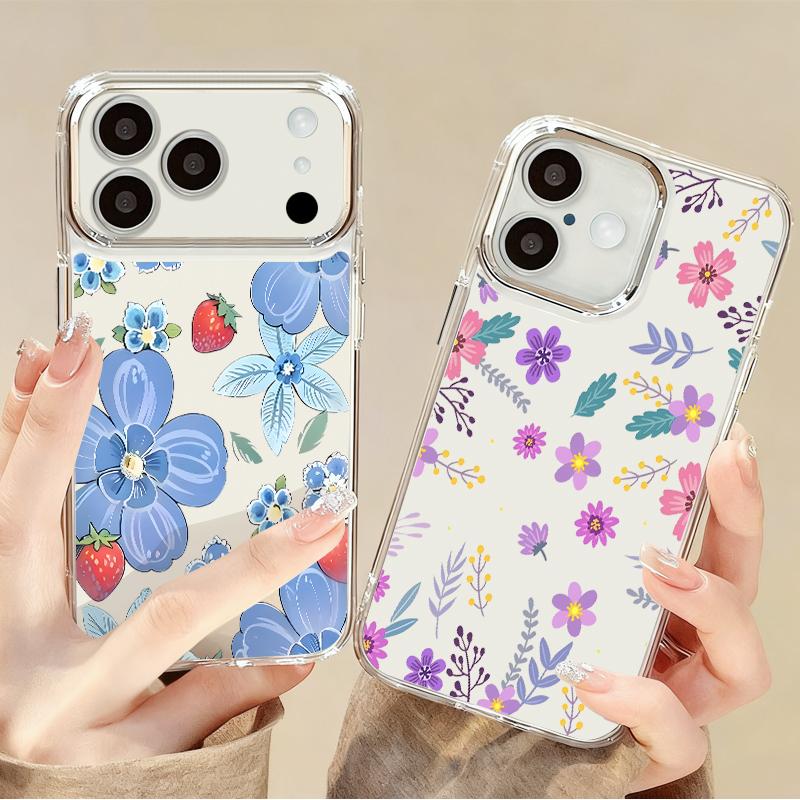 Cartoon Flowers Pattern Case For iPhone 17 Pro Max iPhone 16 15 14 13 Pro Max 11 17e 16e Plating Lens Frame Clear Soft Silicone Back Cover