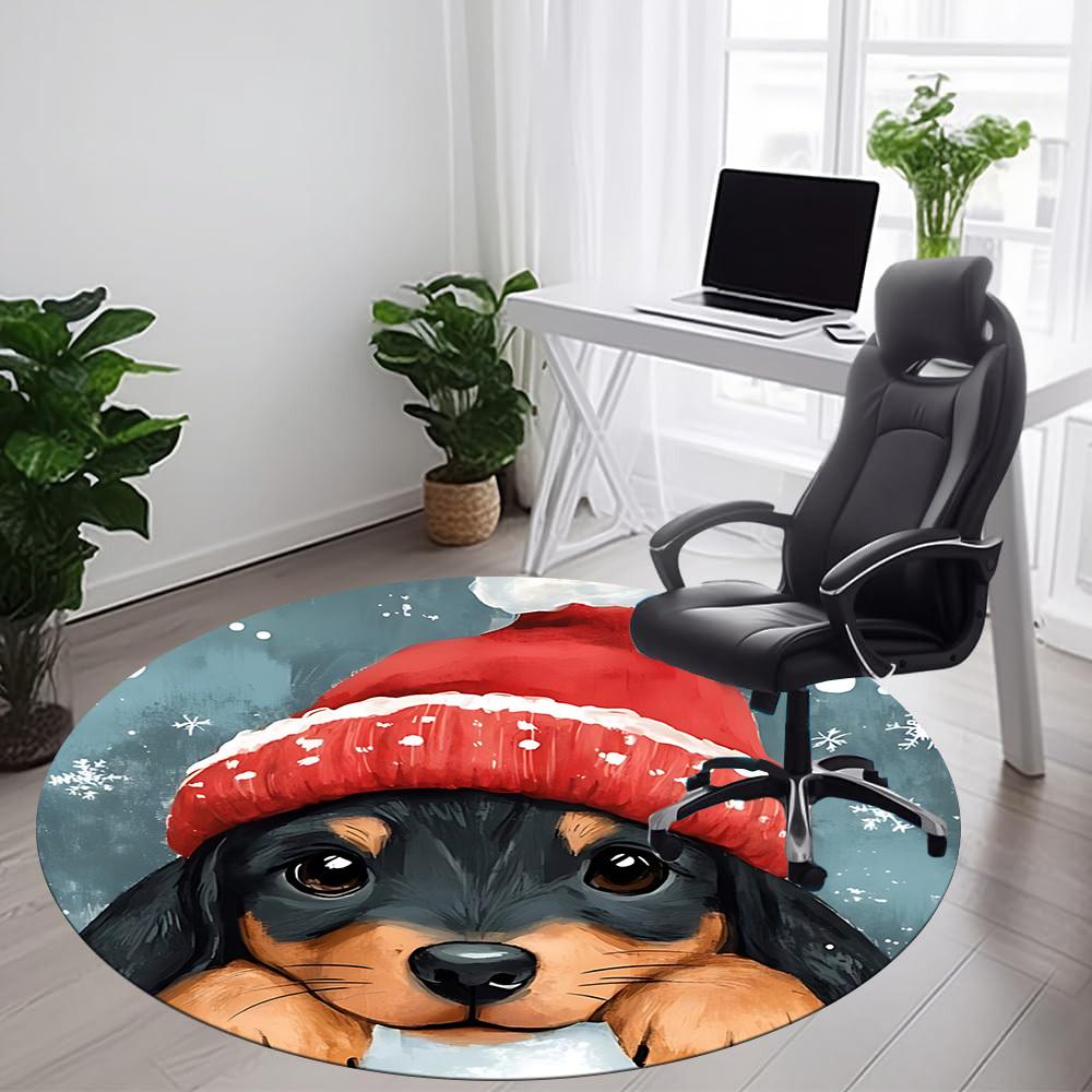 1pc Winter Pup Office Round Area Rug, Indoor Mat Suitable ForOffice, Under Office Chairs Bedroom Living Room Home Decor T196