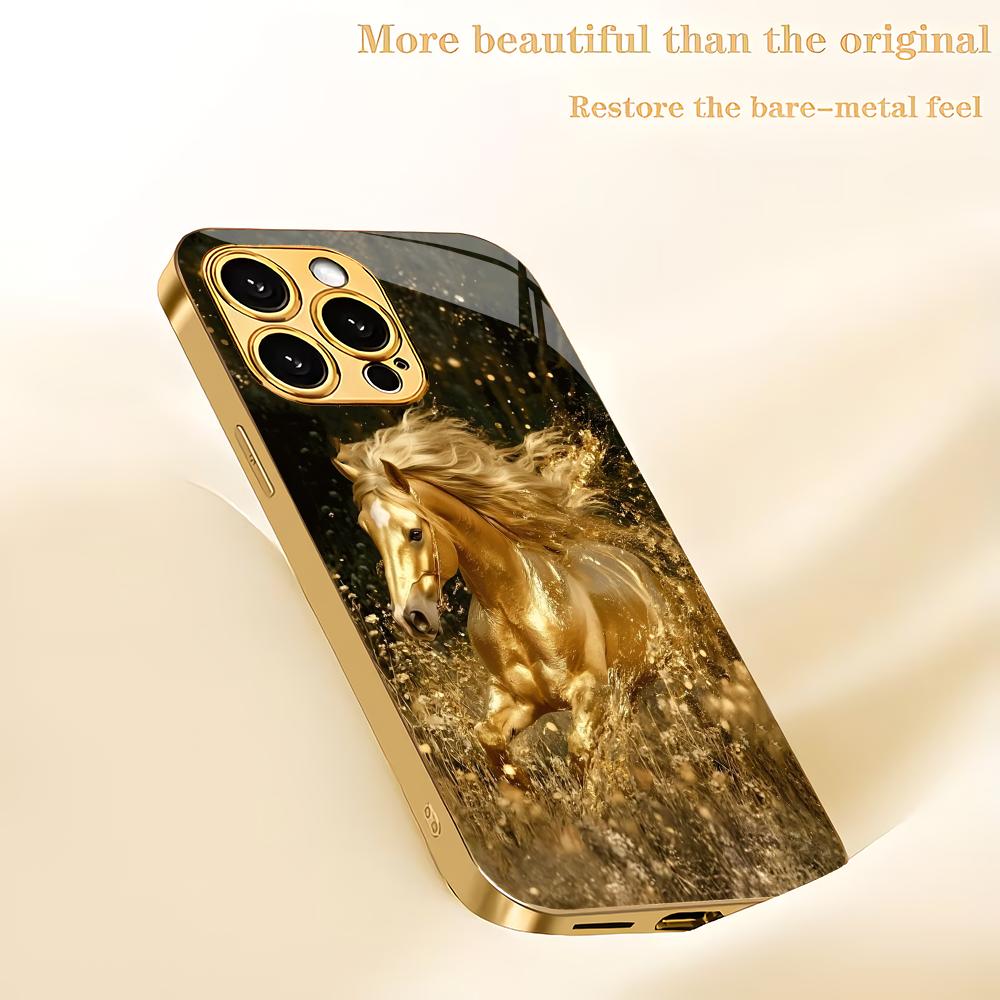 Horse Pattern Electroplated Gold Glass Phone Case Suitable for iPhone 17 16 15 14 13 12 11 Pro/Max/Plus Shockproof Back Cover