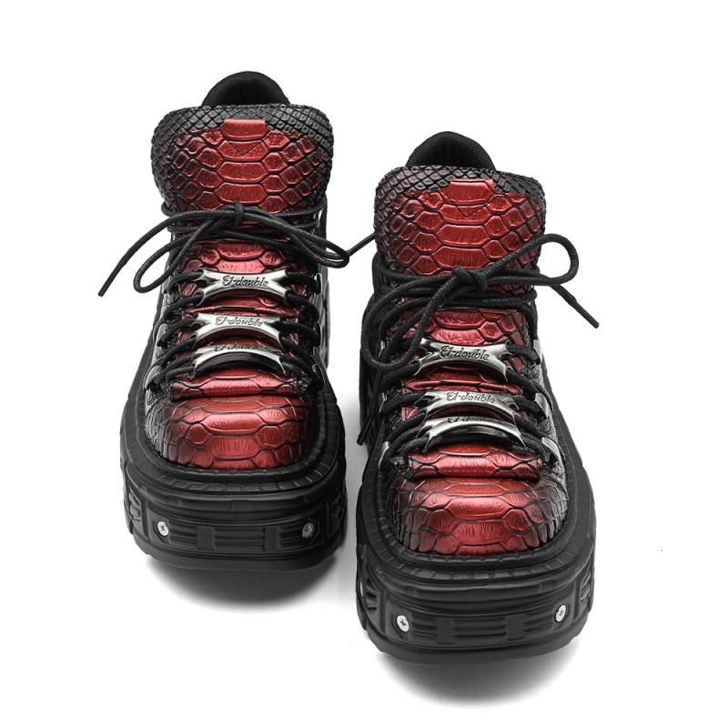 Womens Punk Platform Combat Boots Wine Red Snake Print Chunky Sole High Heel Lace-Up Ankle