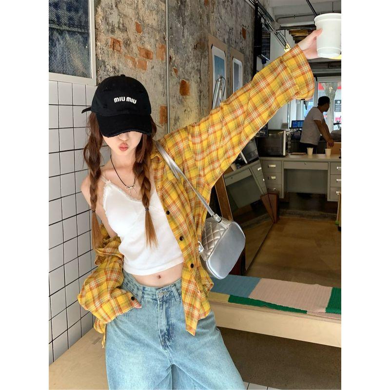 Kumikumi Yellow Casual Mid Length Long Length Gingham Shirt