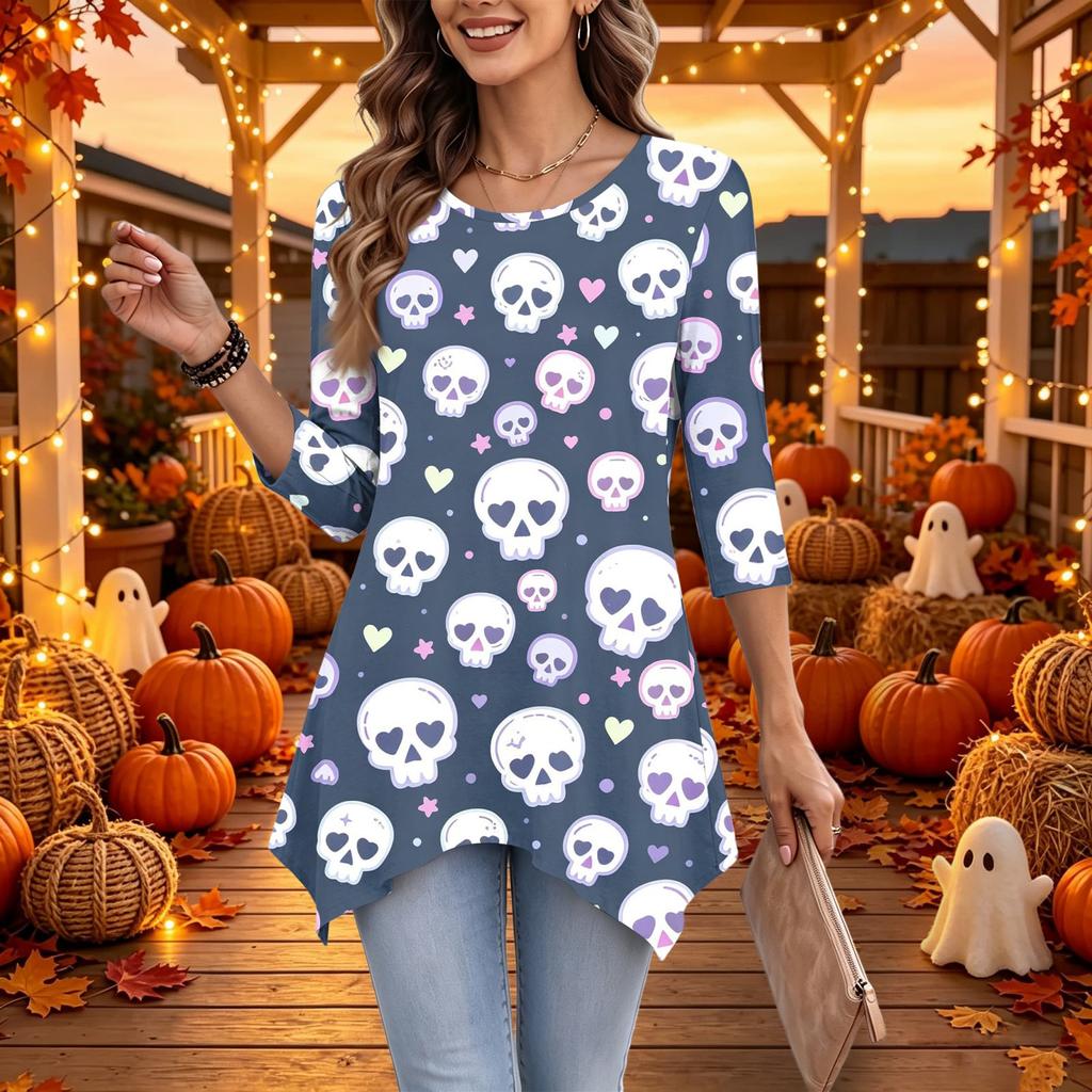 Women's Casual Halloween Print Top, Loose Fit Three-Quarter Sleeve